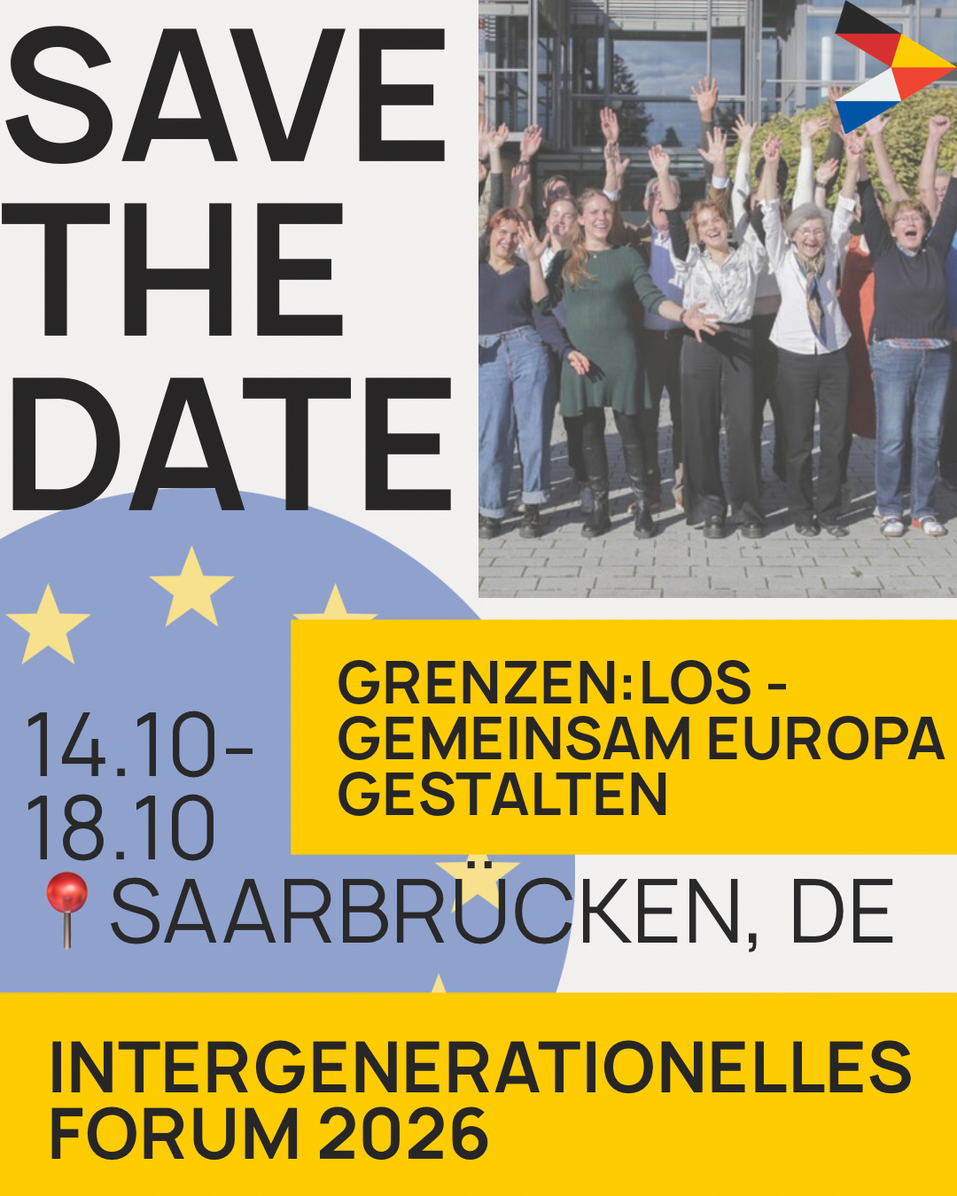 Werbeplakat für das Intergenerationelle Forum 2026 in Saarbrücken mit „Save the Date“ und jubelnder Gruppe