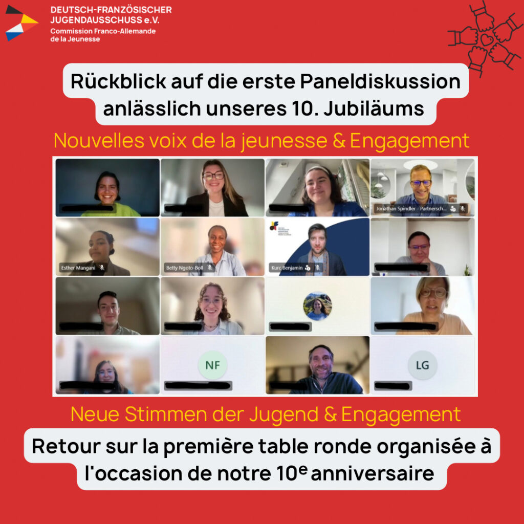 Rote Jubiläumsgrafik mit Deutsch-Französischem Jugendausschuss-Logo, Text und einer Videokonferenz mit mehreren Teilnehmenden.