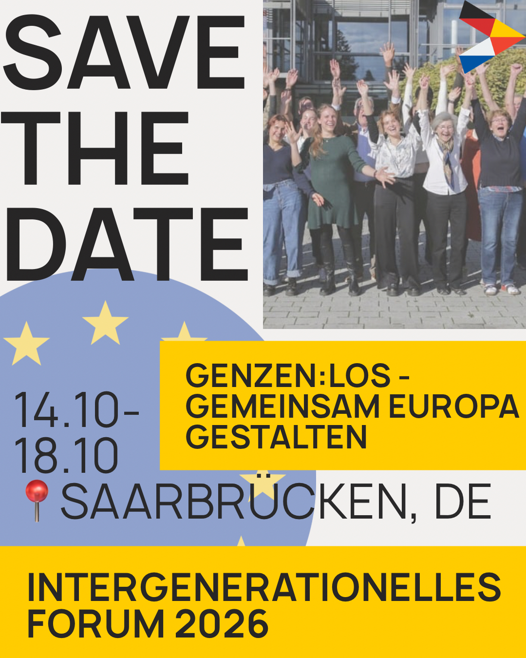 Plakat zum intergenerationellen Forum 2026 mit der Aufforderung „Save the Date“ und einem Gruppenfoto jubelnder Menschen.
