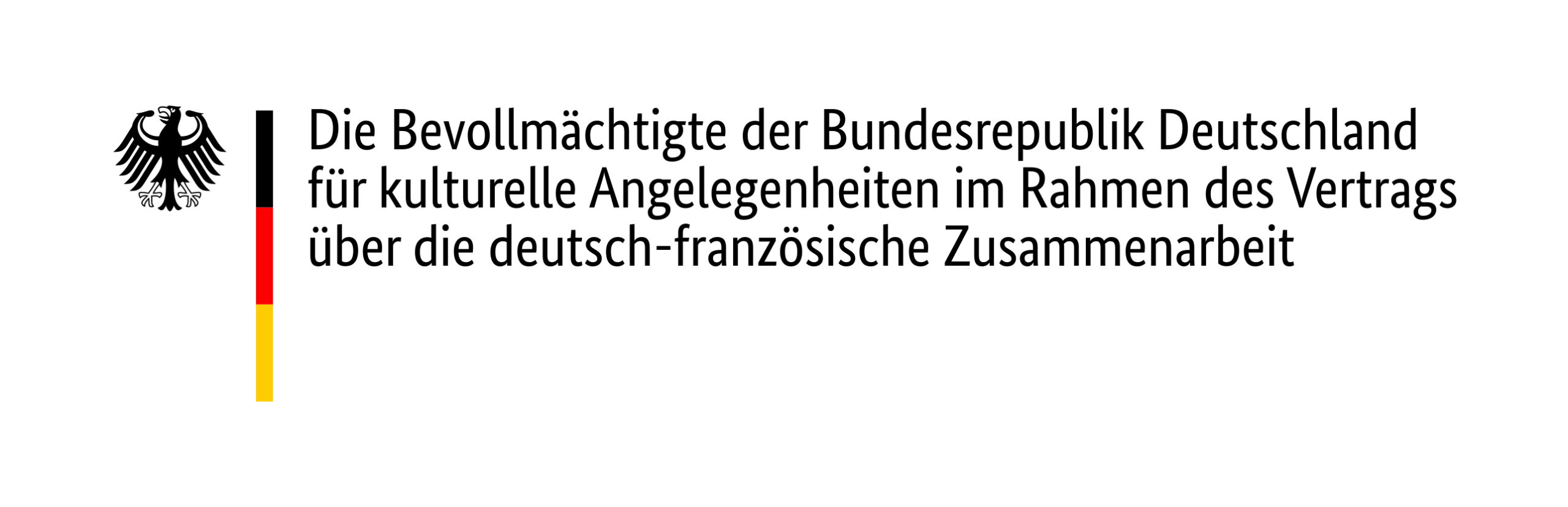 Deutschsprachiges Logo mit Bundesadler, schwarz-rot-goldenem Balken und Text zur deutsch-französischen Zusammenarbeit