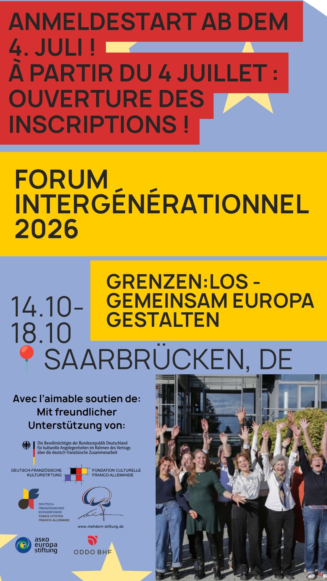 Plakat zum Forum Intergenerationnel 2026 in Saarbrücken mit Anmeldestart ab 4. Juli und mehreren Sponsorlogos