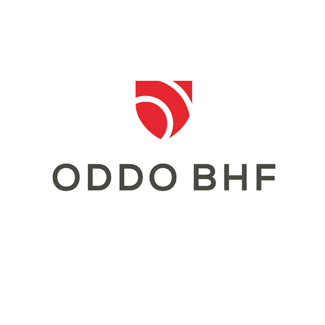 ODDO BHF-Logo mit rotem Schildsymbol und grauer Wortmarke auf weißem Hintergrund
