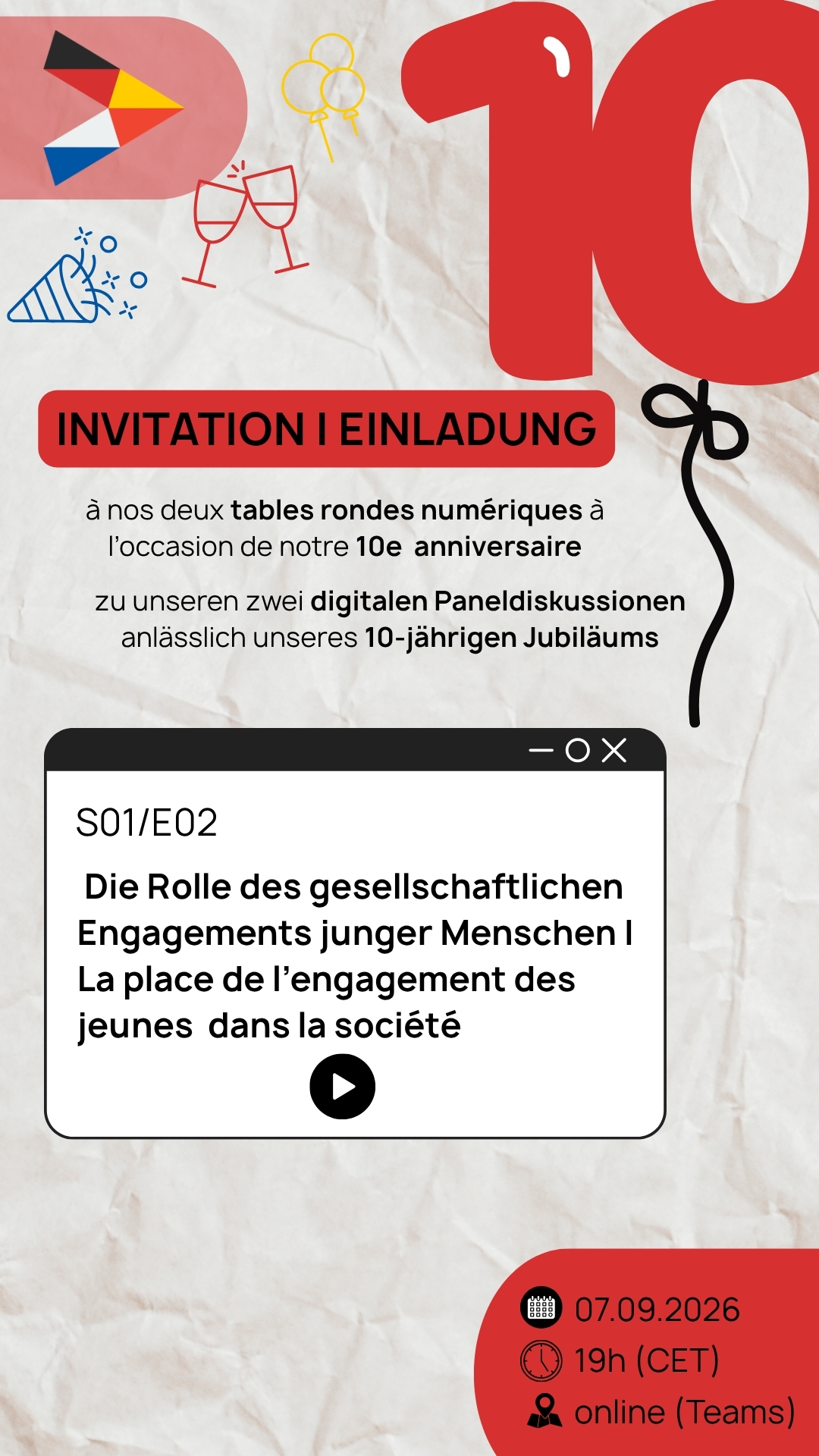 Mehrsprachige Einladung zur 10-jährigen Jubiläums-Podiumsdiskussion über jugendliches Engagement, mit Datum und Online-Teams-Info