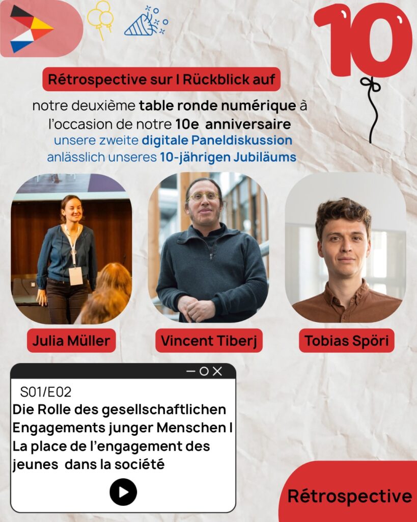 Ankündigung zur 10. Jubiläums-Retrospektive einer digitalen Paneldiskussion mit Julia Müller, Vincent Tiberj und Tobias Spöri; Thema: Engagement junger Menschen in der Gesellschaft