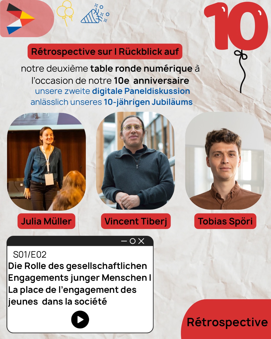 Poster zur 10. Jubiläums-Retrospektive einer digitalen Paneldiskussion mit Julia Müller, Vincent Tiberj und Tobias Spöri